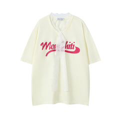 Lace Ribbon Bow Letter Print V‑Neck Tee