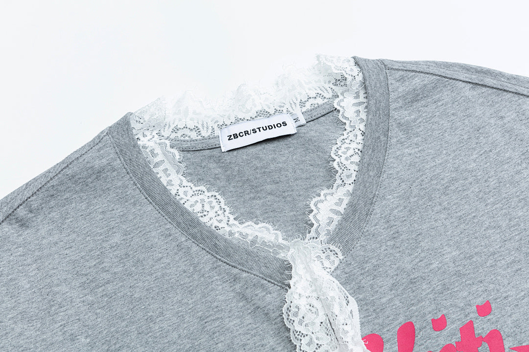 Lace Ribbon Bow Letter Print V‑Neck Tee