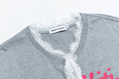 Lace Ribbon Bow Letter Print V‑Neck Tee