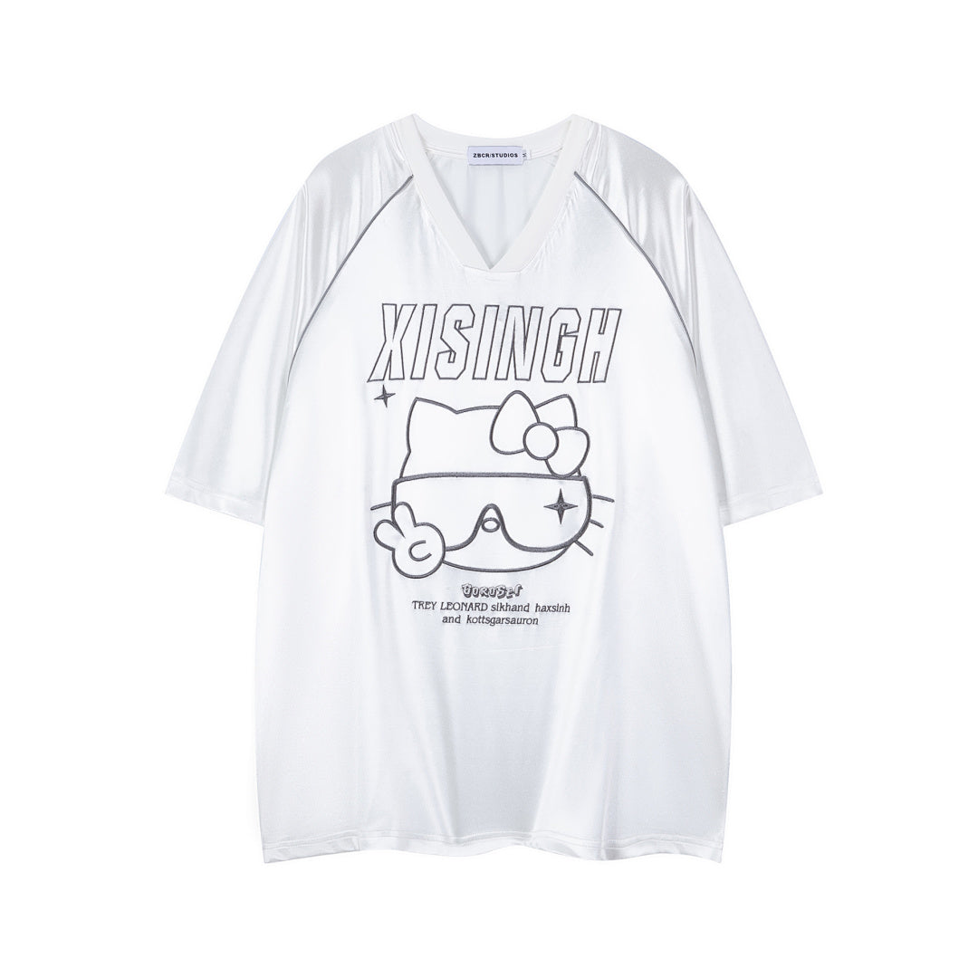 Cart Kitty Graphic Contrast Piping V‑Neck Tee