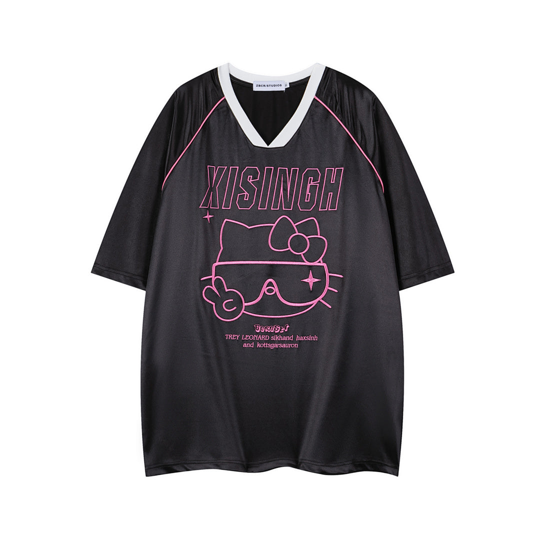 Cart Kitty Graphic Contrast Piping V‑Neck Tee