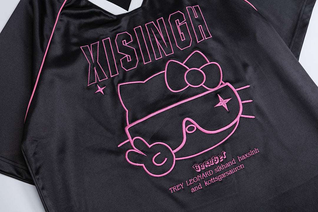 Cart Kitty Graphic Contrast Piping V‑Neck Tee