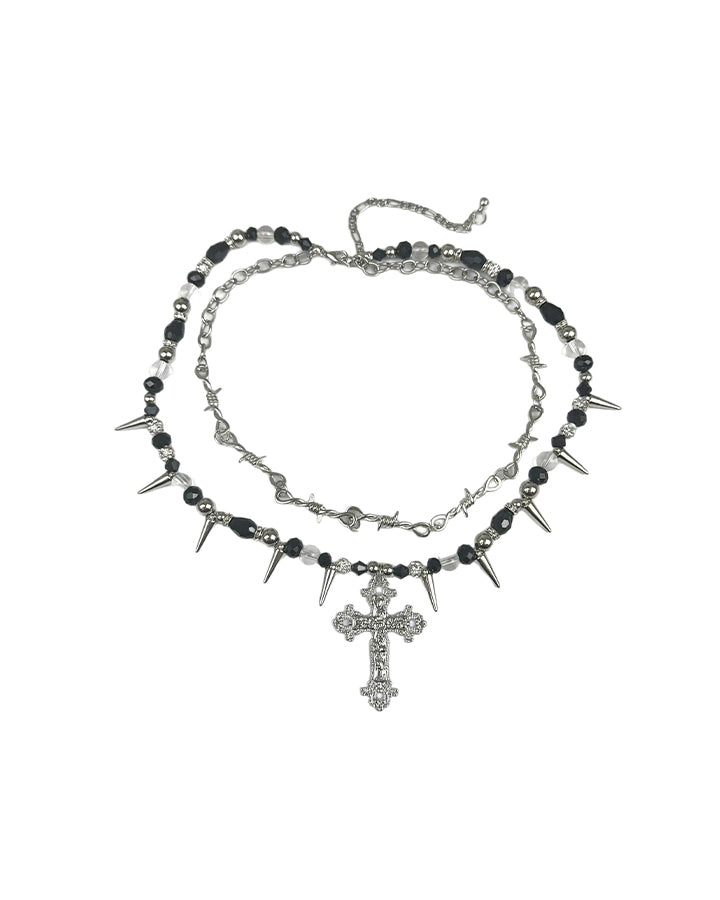 Layered Cross Spike Beaded Necklace