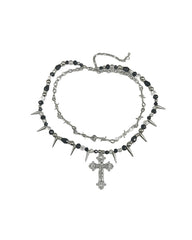 Layered Cross Spike Beaded Necklace