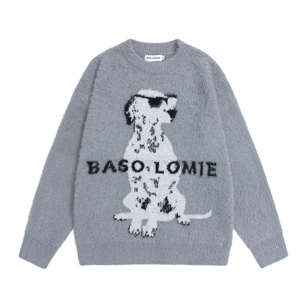 Fuzzy Dalmatian Dog Graphic Knit Sweater