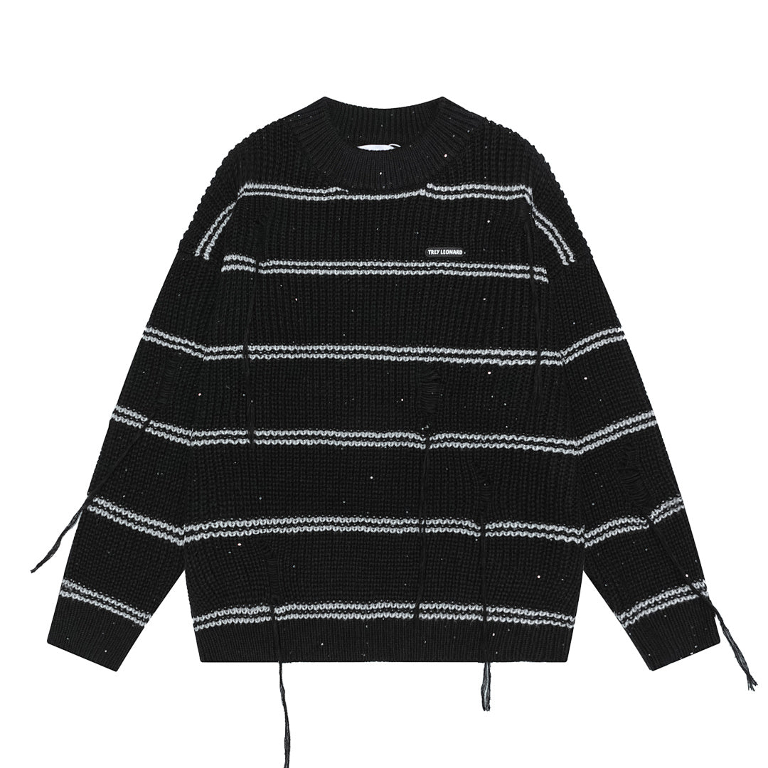 Distressed Fringe Striped Crewneck Knit Sweater