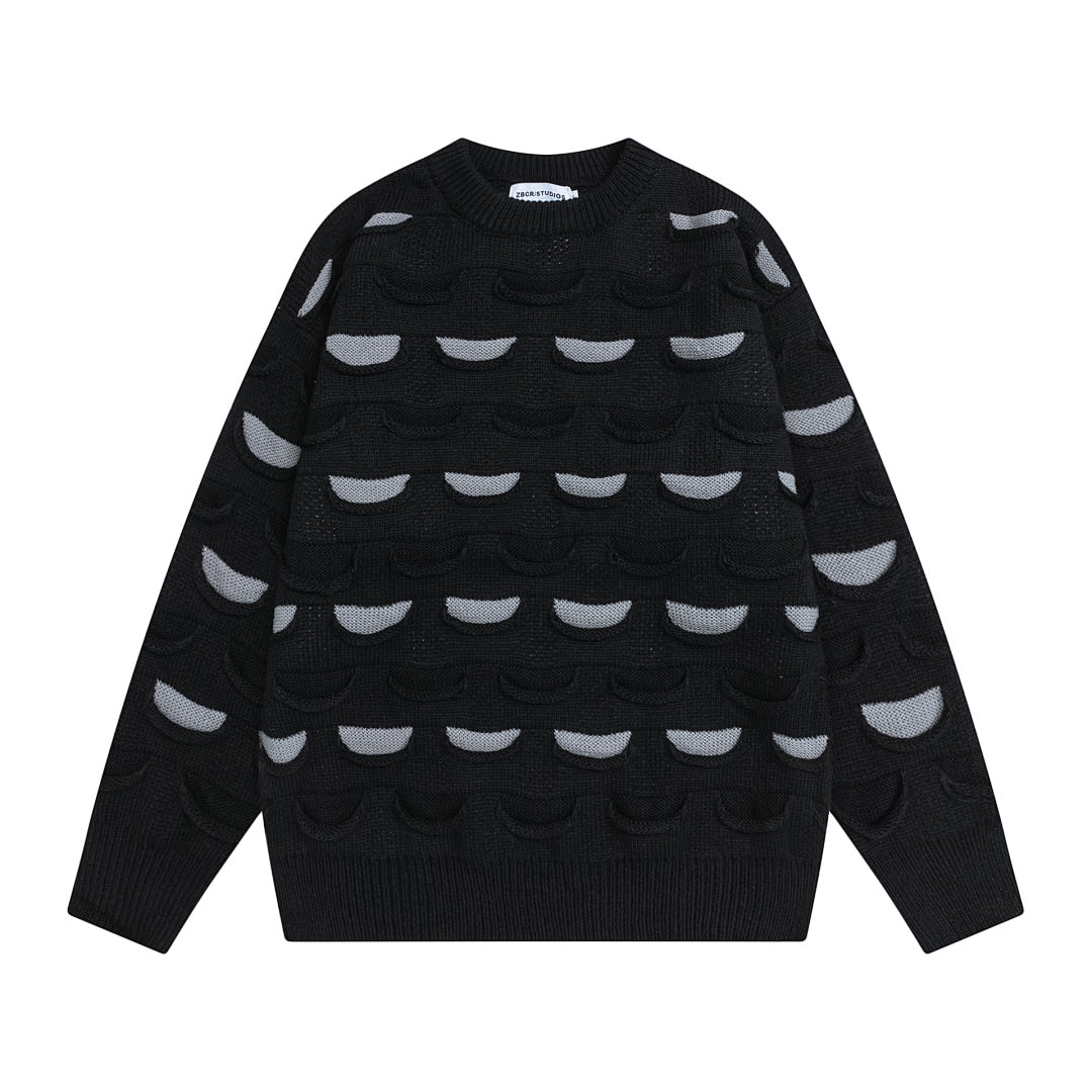 3D Layered Crescent Jacquard Crewneck Sweater