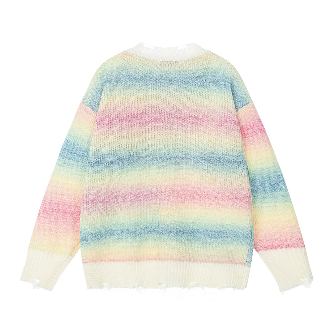 Gradient Tie‑Dye Distressed Cardigan 3D Butterfly Appliqué