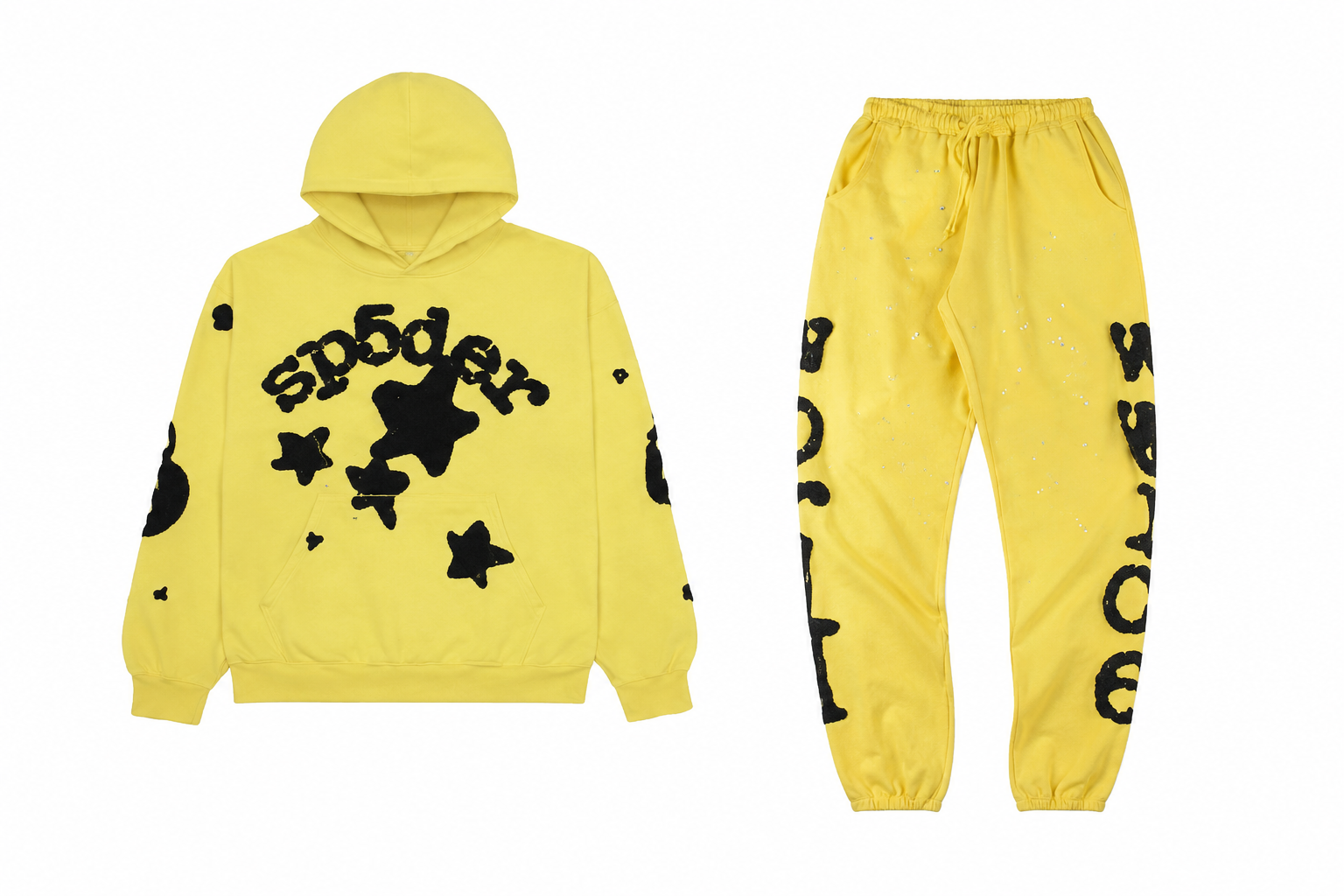 Sp5der Star Flock‑Print Yellow Hoodie & Sweatpants Tracksuit Set