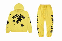 Sp5der Star Flock‑Print Yellow Hoodie & Sweatpants Tracksuit Set