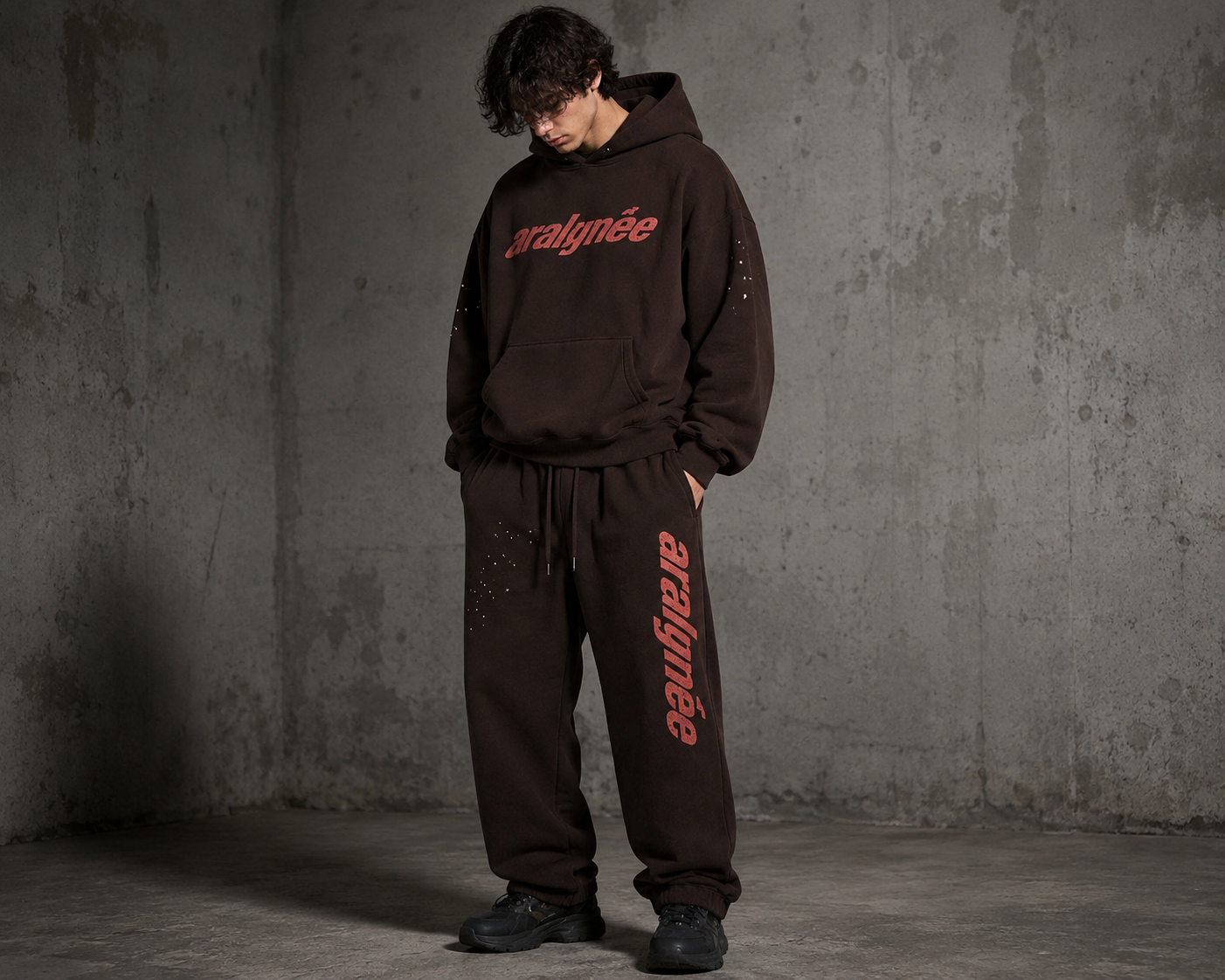 aralynée Logo Splatter‑Print Brown Hoodie & Sweatpants Set