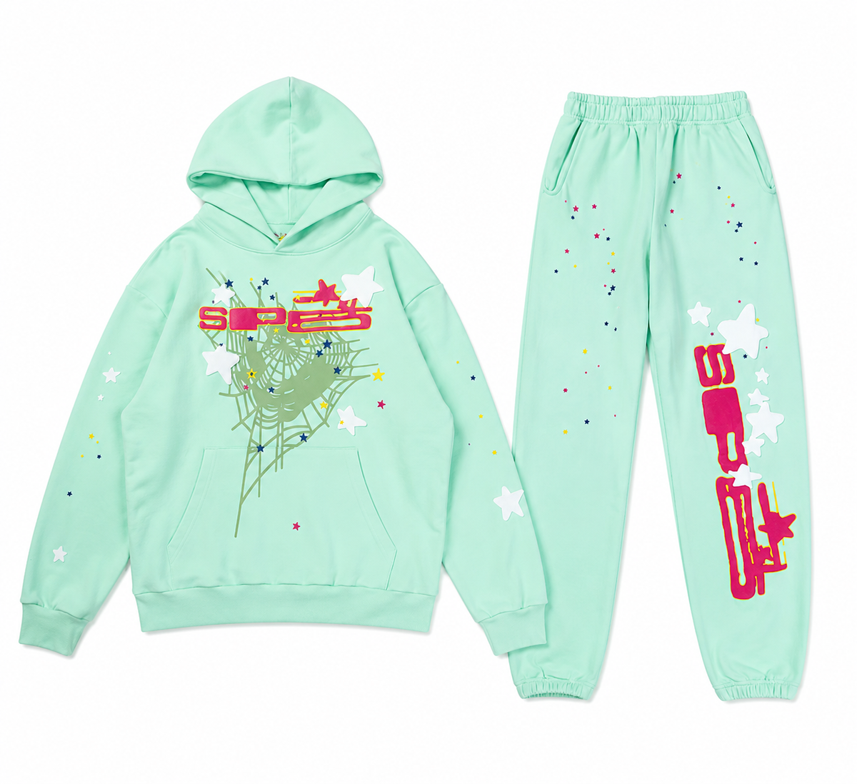 Sp5der Web & Star Print Mint‑Green Hoodie & Sweatpants Set