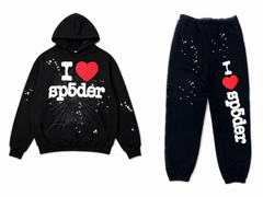 Sp5der I Love Sp5der Web‑Heart Black Hoodie & Sweatpants Set