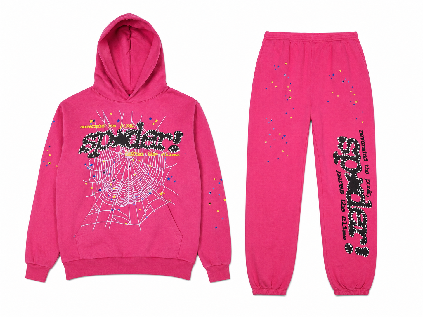 Sp5der Rhinestone Web‑Logo Hot‑Pink Hoodie & Sweatpants Set