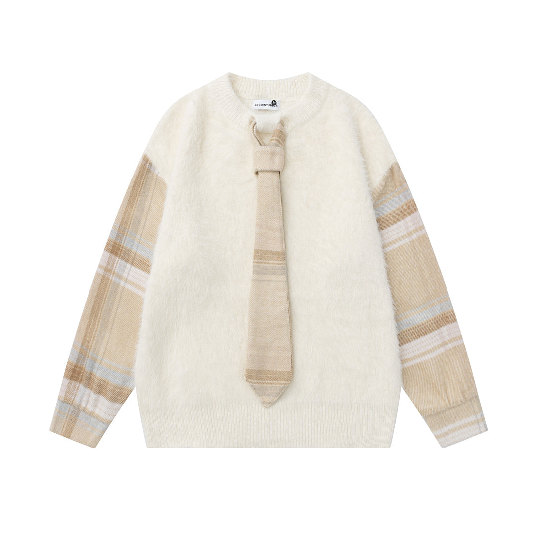 Fuzzy Plaid Spliced Sleeve Tie Decor Crewneck Knit Sweater