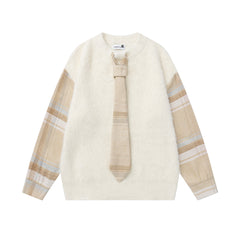 Fuzzy Plaid Spliced Sleeve Tie Decor Crewneck Knit Sweater