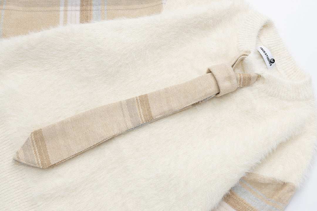 Fuzzy Plaid Spliced Sleeve Tie Decor Crewneck Knit Sweater