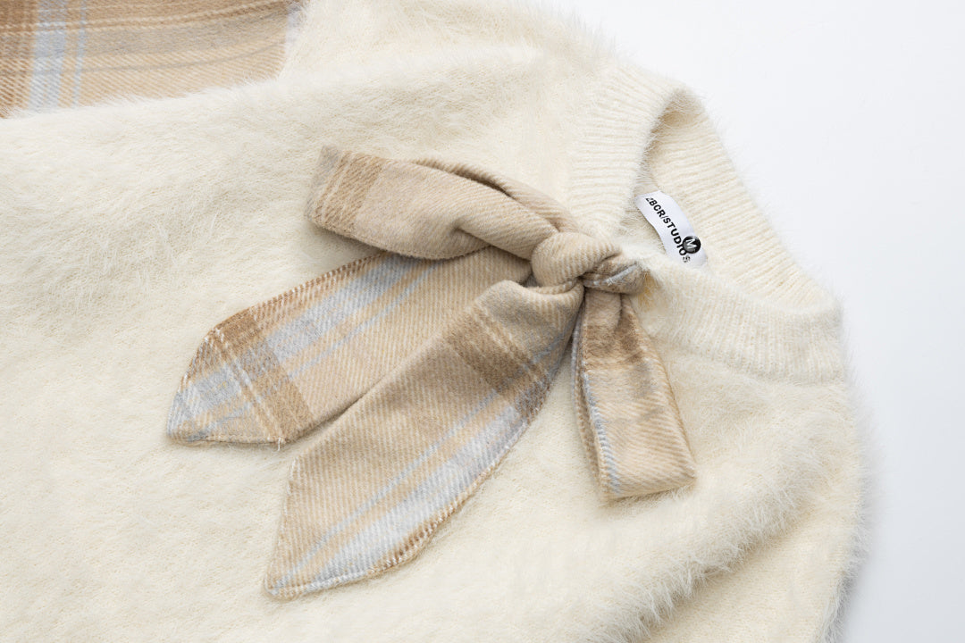 Fuzzy Plaid Spliced Sleeve Tie Decor Crewneck Knit Sweater