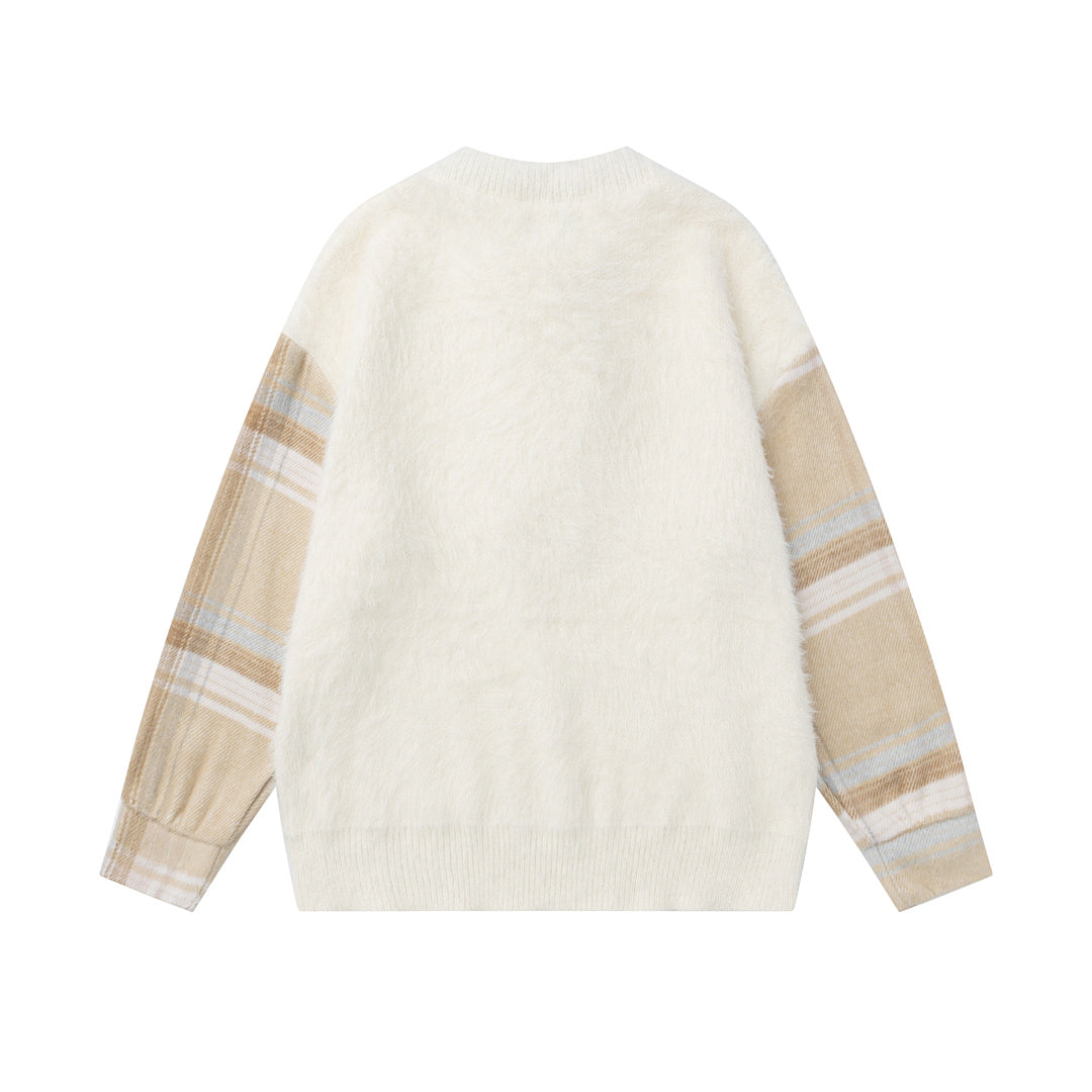 Fuzzy Plaid Spliced Sleeve Tie Decor Crewneck Knit Sweater