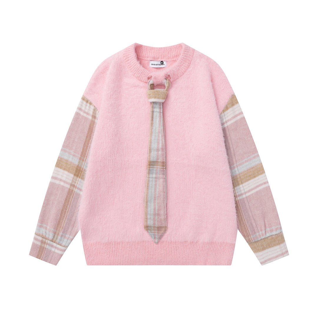Fuzzy Plaid Spliced Sleeve Tie Decor Crewneck Knit Sweater