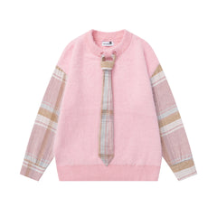 Fuzzy Plaid Spliced Sleeve Tie Decor Crewneck Knit Sweater