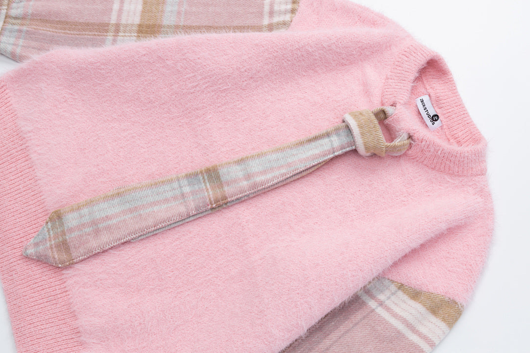 Fuzzy Plaid Spliced Sleeve Tie Decor Crewneck Knit Sweater
