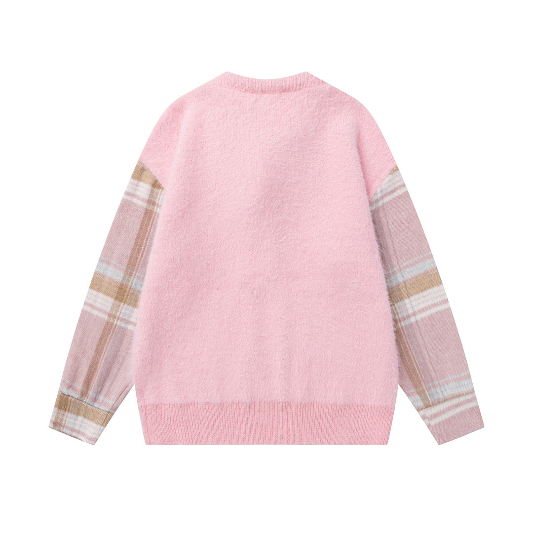 Fuzzy Plaid Spliced Sleeve Tie Decor Crewneck Knit Sweater