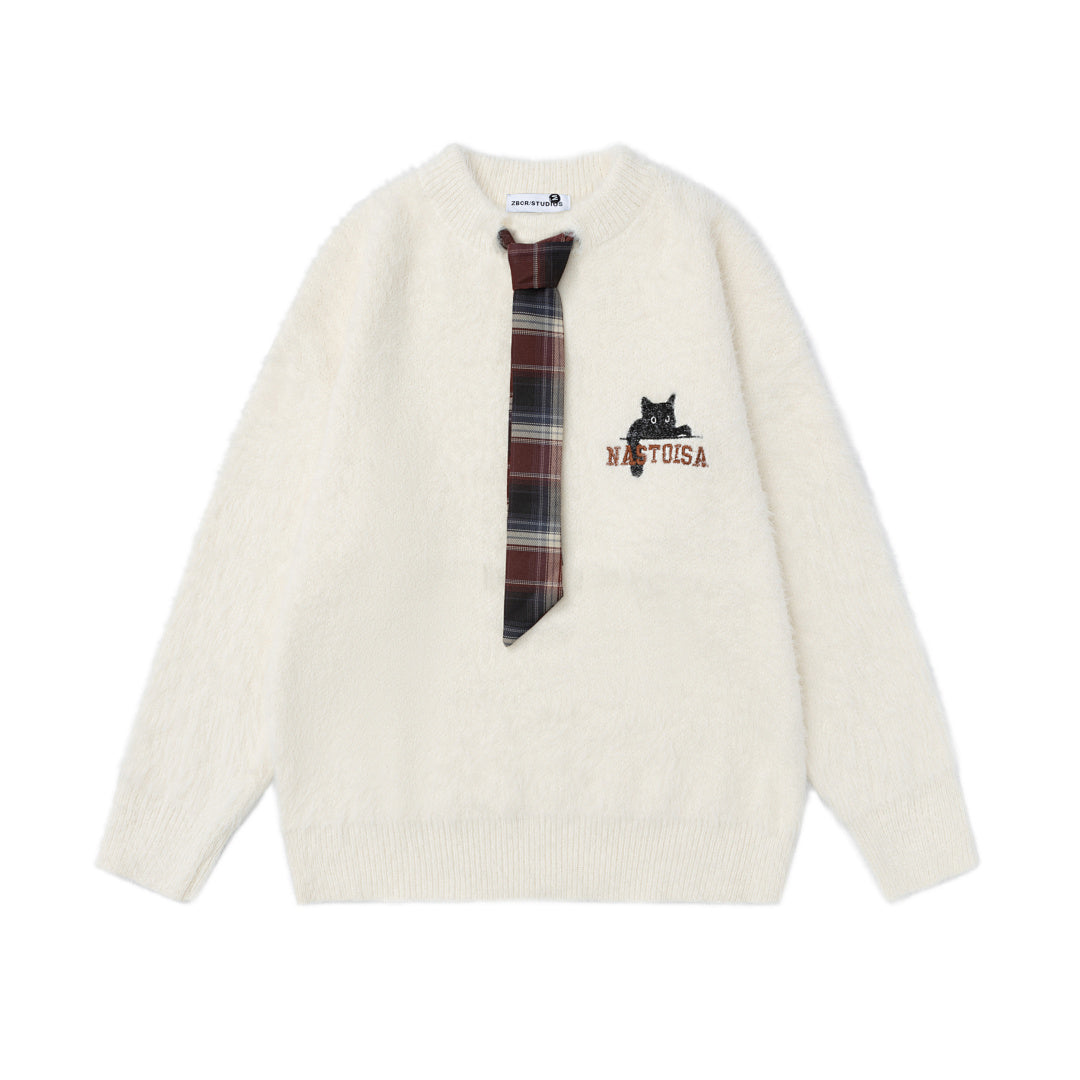 Fuzzy Crewneck Sweater With Detachable Plaid Tie & Cat Graphic