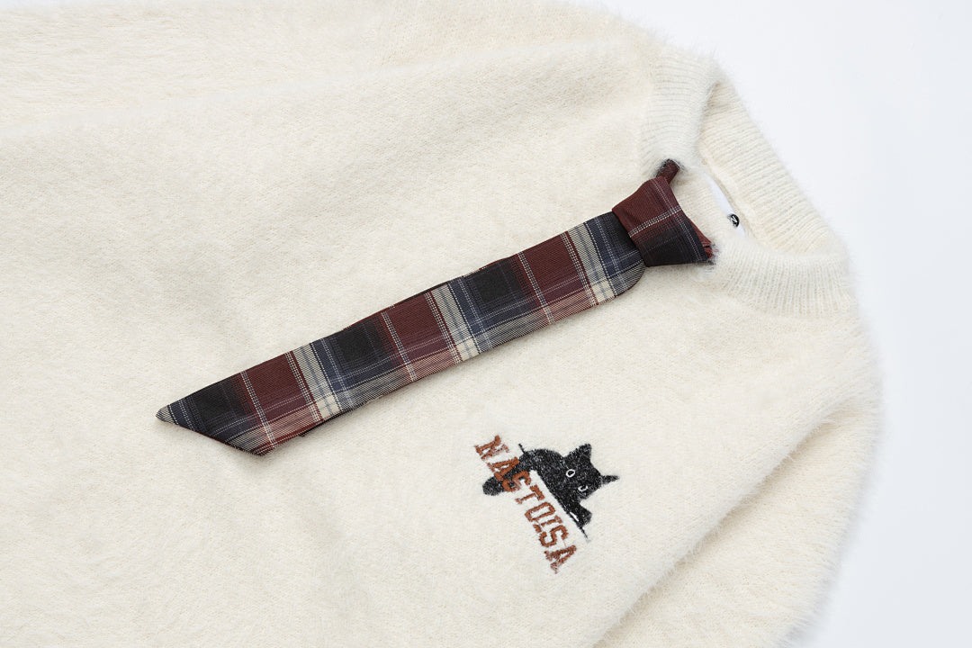 Fuzzy Crewneck Sweater With Detachable Plaid Tie & Cat Graphic