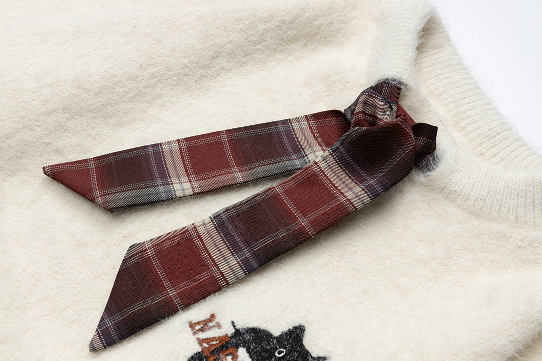 Fuzzy Crewneck Sweater With Detachable Plaid Tie & Cat Graphic