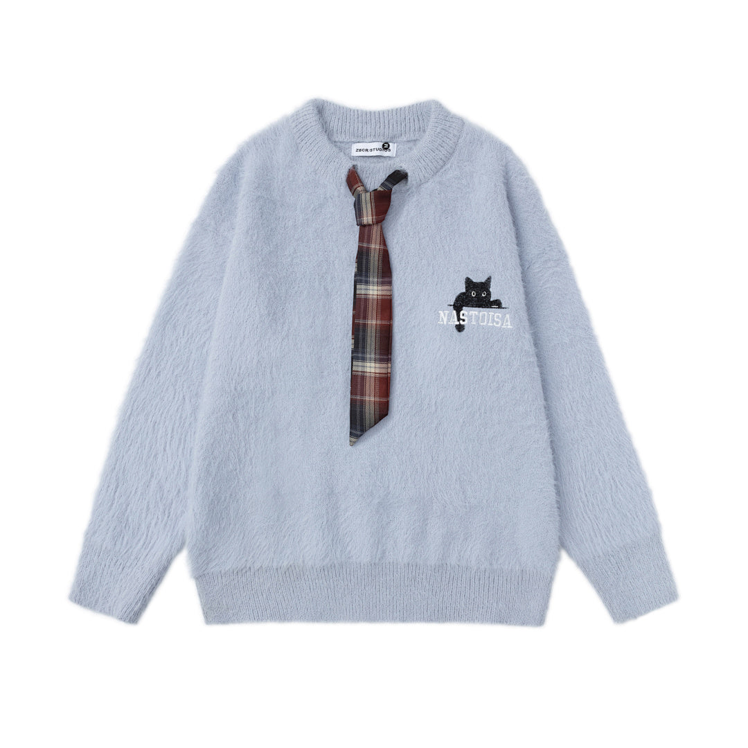 Fuzzy Crewneck Sweater With Detachable Plaid Tie & Cat Graphic