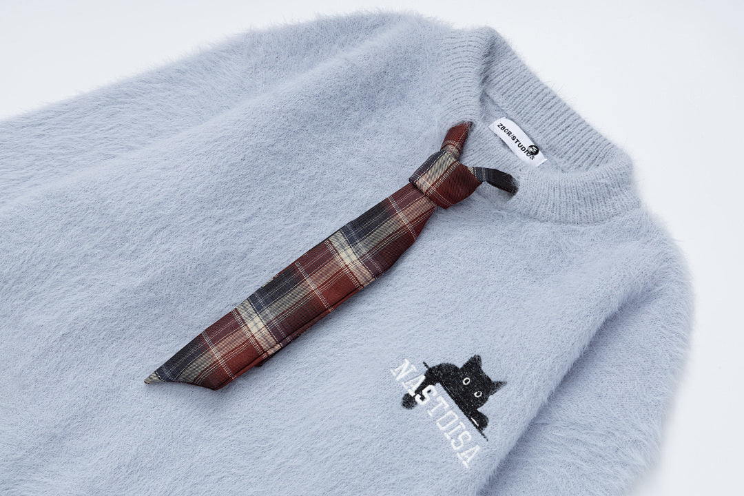 Fuzzy Crewneck Sweater With Detachable Plaid Tie & Cat Graphic