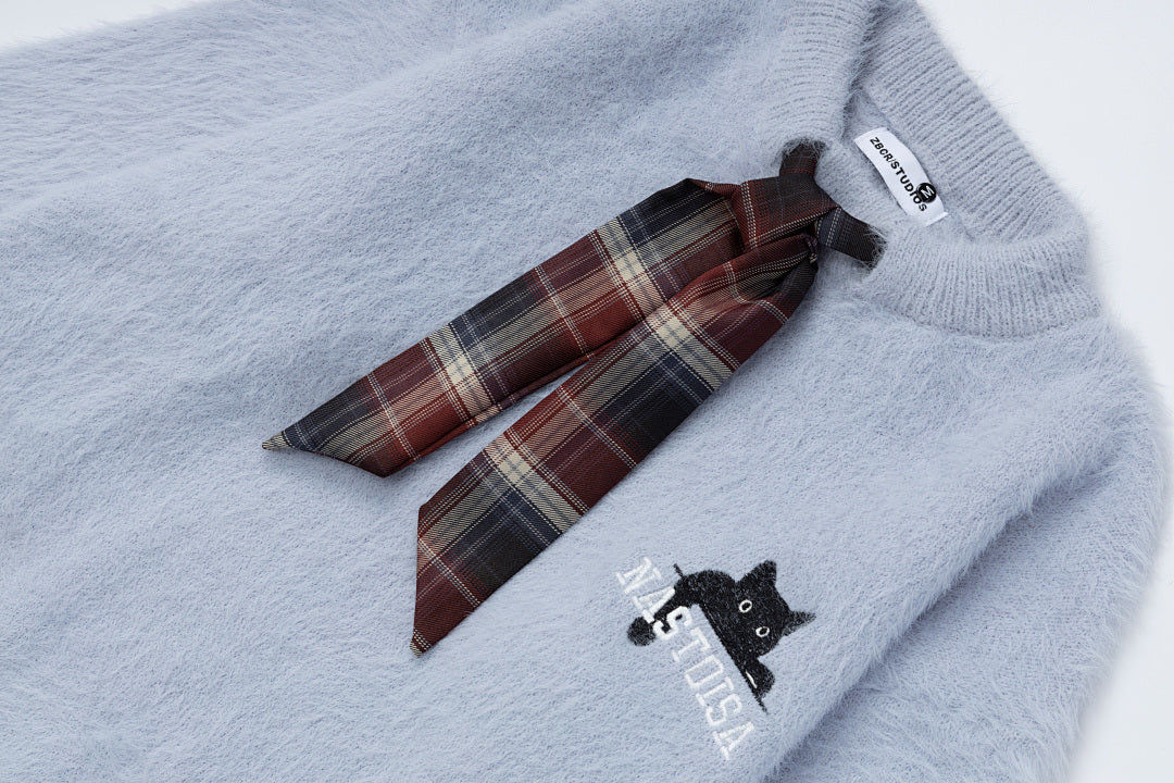 Fuzzy Crewneck Sweater With Detachable Plaid Tie & Cat Graphic