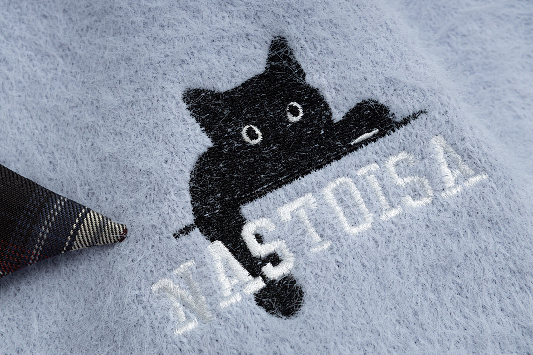 Fuzzy Crewneck Sweater With Detachable Plaid Tie & Cat Graphic