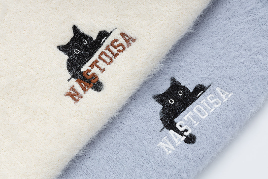 Fuzzy Crewneck Sweater With Detachable Plaid Tie & Cat Graphic