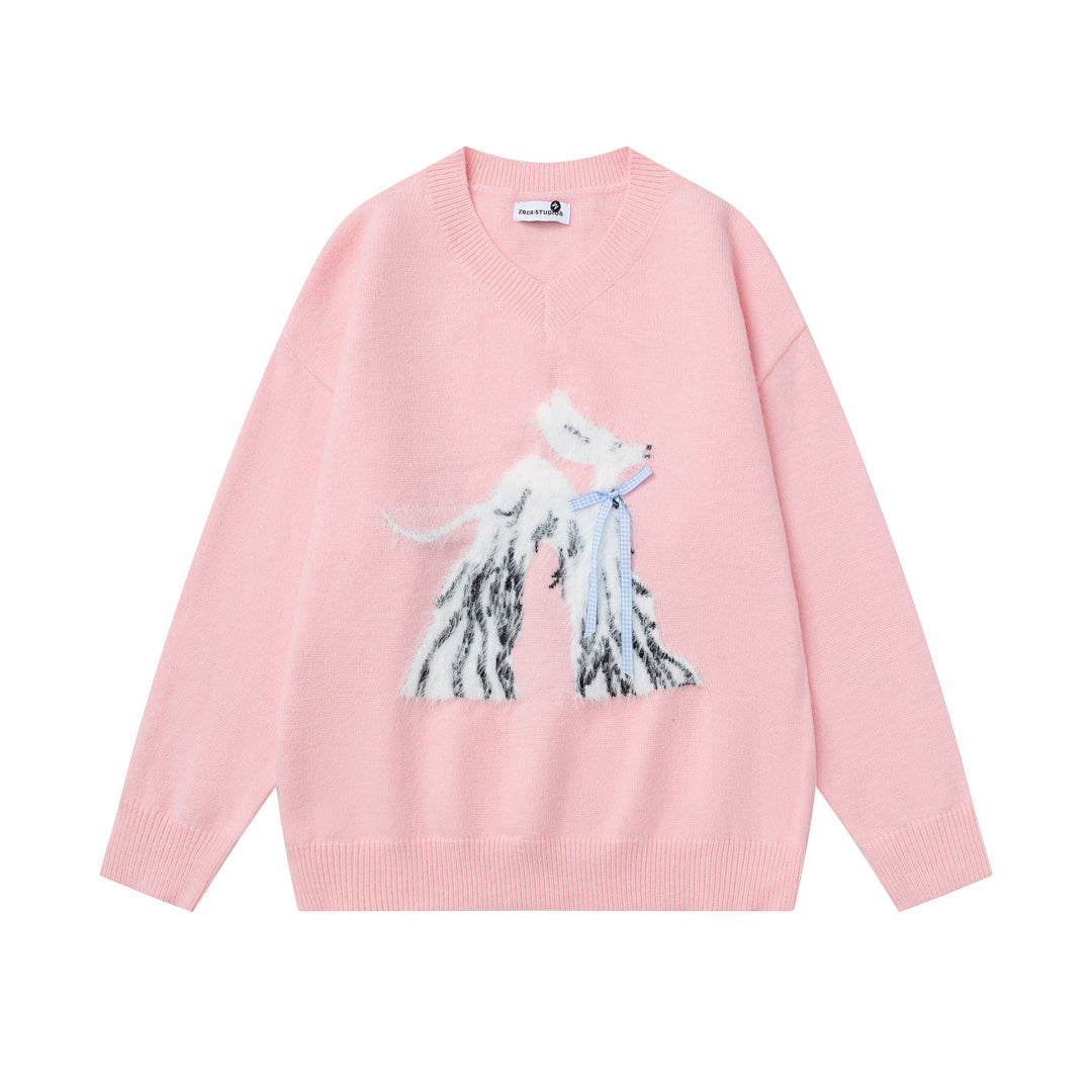 V‑Neck Knit Sweater With Fuzzy Dog Graphic & Bow Accent