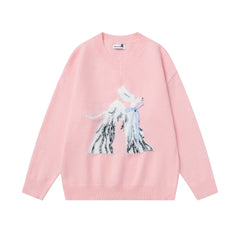 V‑Neck Knit Sweater With Fuzzy Dog Graphic & Bow Accent