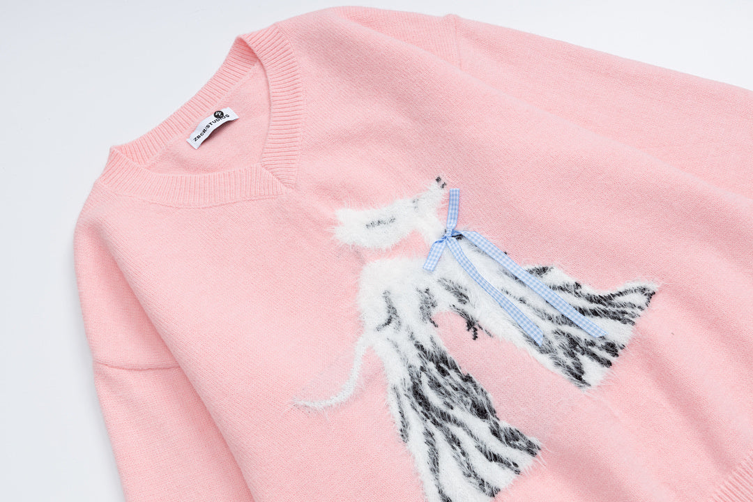 V‑Neck Knit Sweater With Fuzzy Dog Graphic & Bow Accent