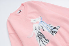 V‑Neck Knit Sweater With Fuzzy Dog Graphic & Bow Accent