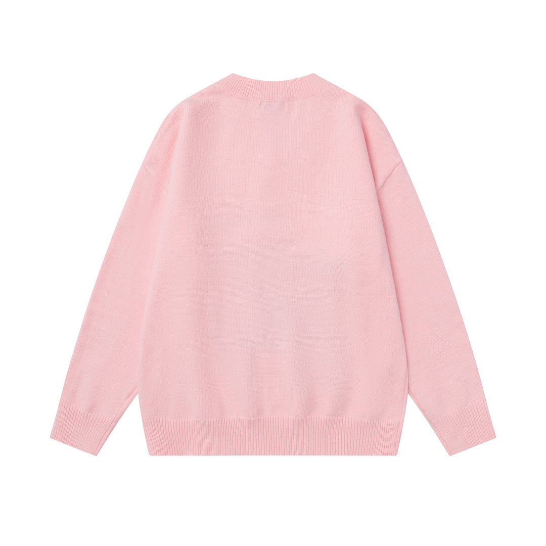 V‑Neck Knit Sweater With Fuzzy Dog Graphic & Bow Accent