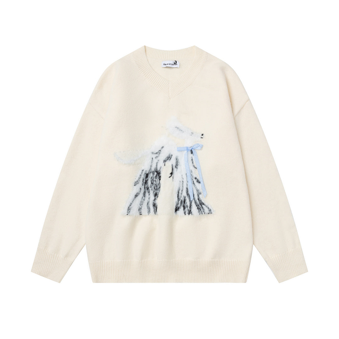 V‑Neck Knit Sweater With Fuzzy Dog Graphic & Bow Accent