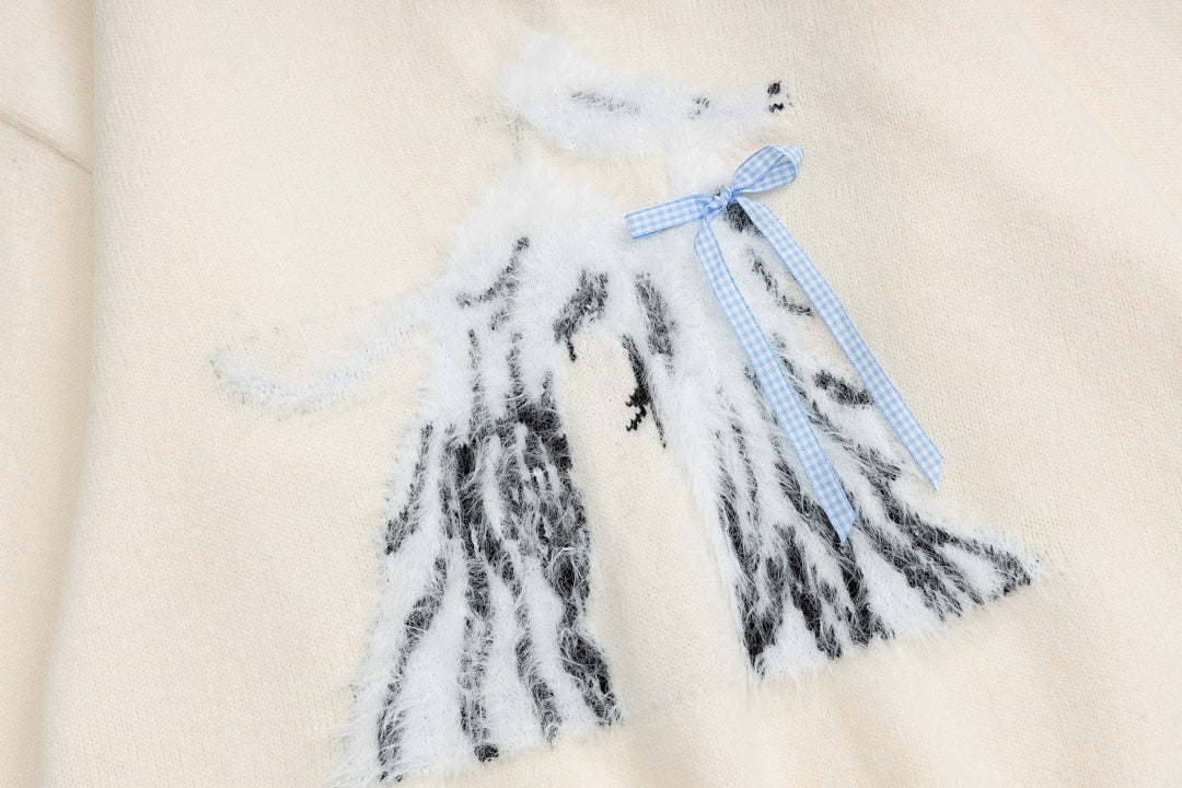 V‑Neck Knit Sweater With Fuzzy Dog Graphic & Bow Accent