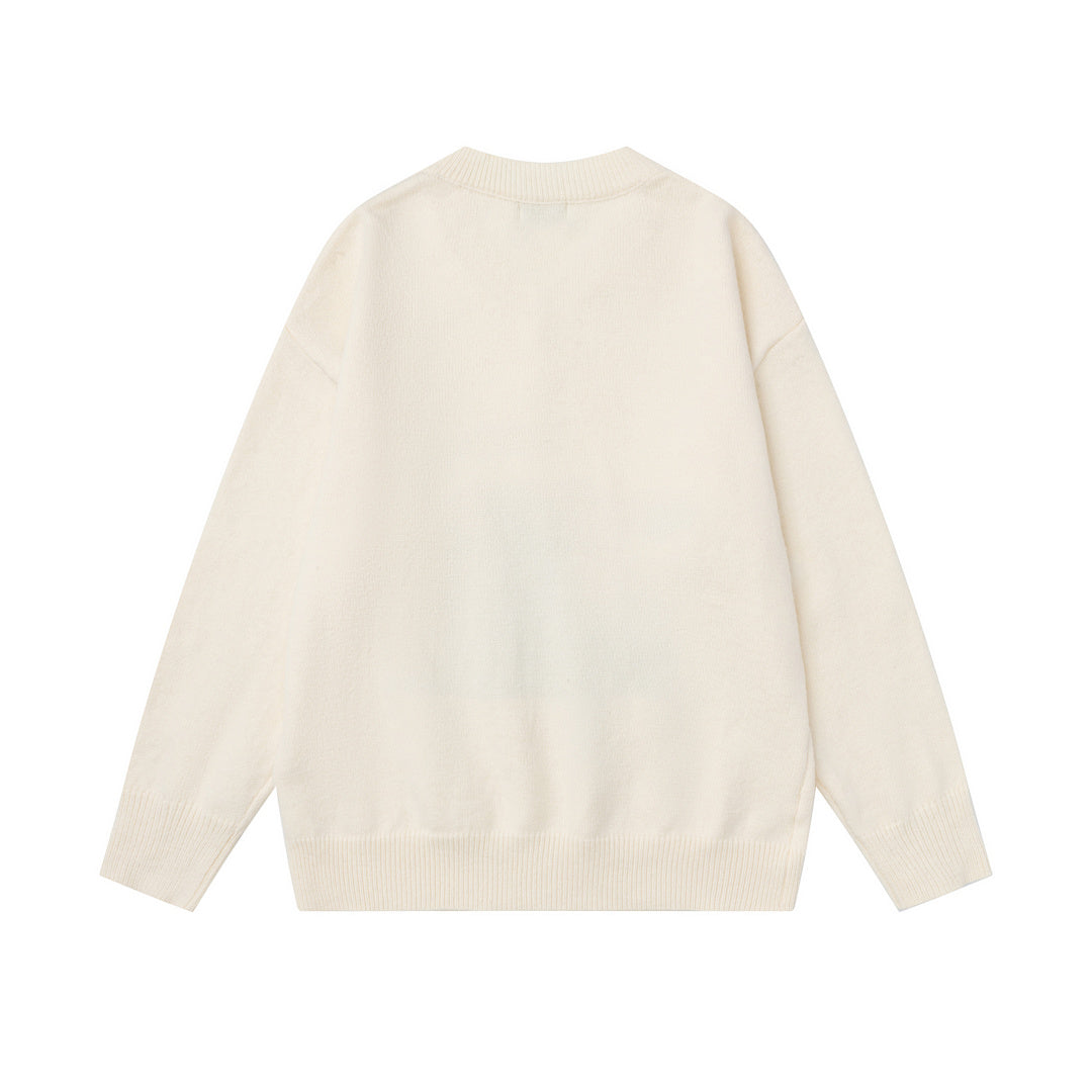 V‑Neck Knit Sweater With Fuzzy Dog Graphic & Bow Accent