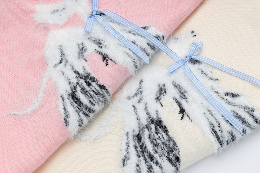 V‑Neck Knit Sweater With Fuzzy Dog Graphic & Bow Accent