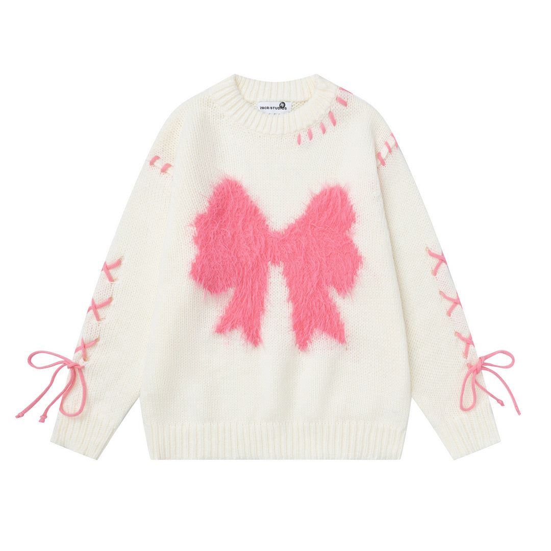 Fuzzy Bow Stitch‑Up Lace‑Up Crewneck Sweater