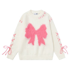Fuzzy Bow Stitch‑Up Lace‑Up Crewneck Sweater