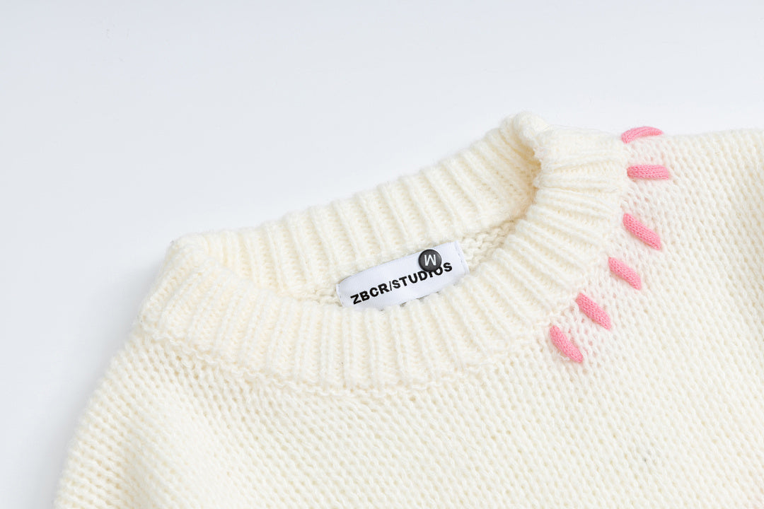 Fuzzy Bow Stitch‑Up Lace‑Up Crewneck Sweater
