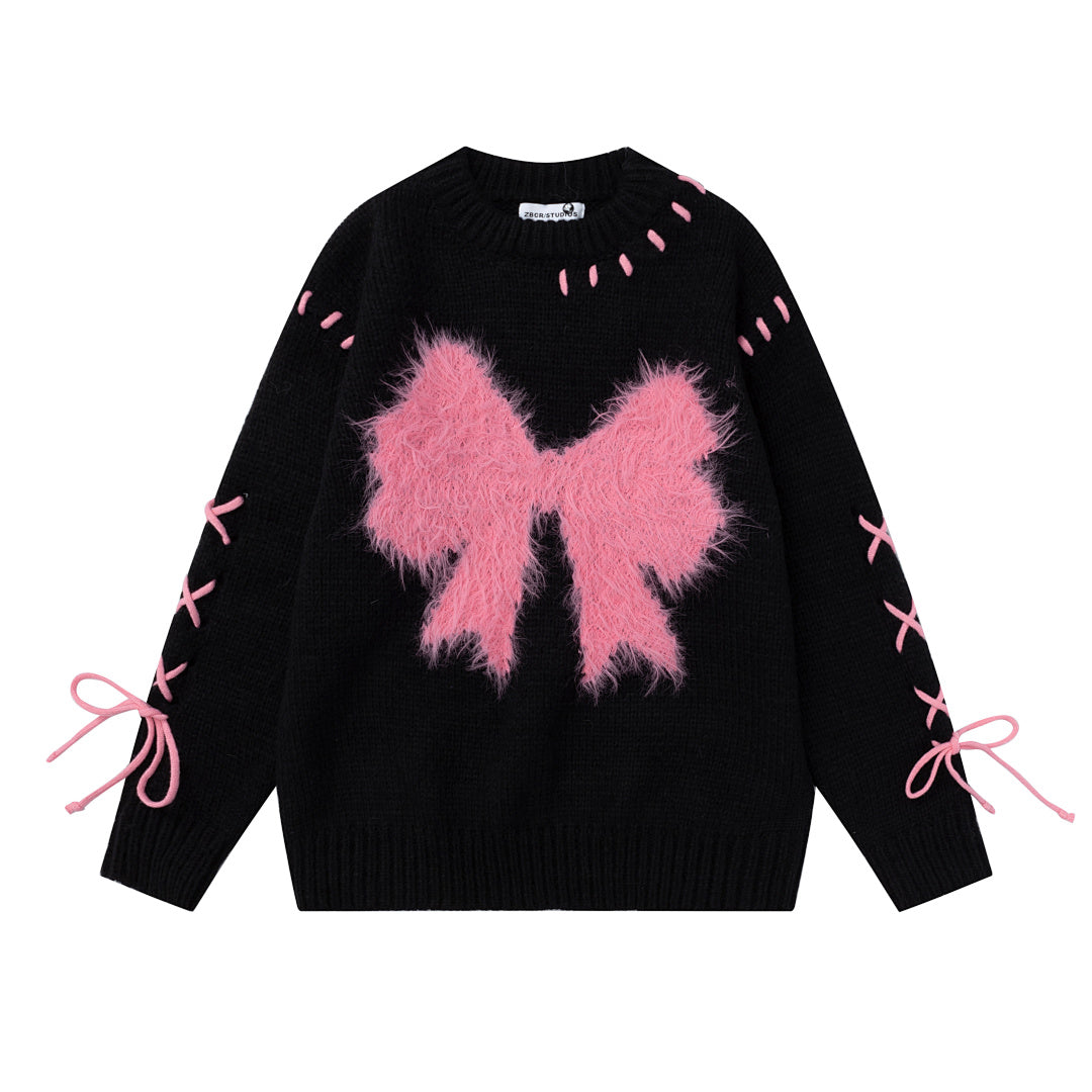 Fuzzy Bow Stitch‑Up Lace‑Up Crewneck Sweater