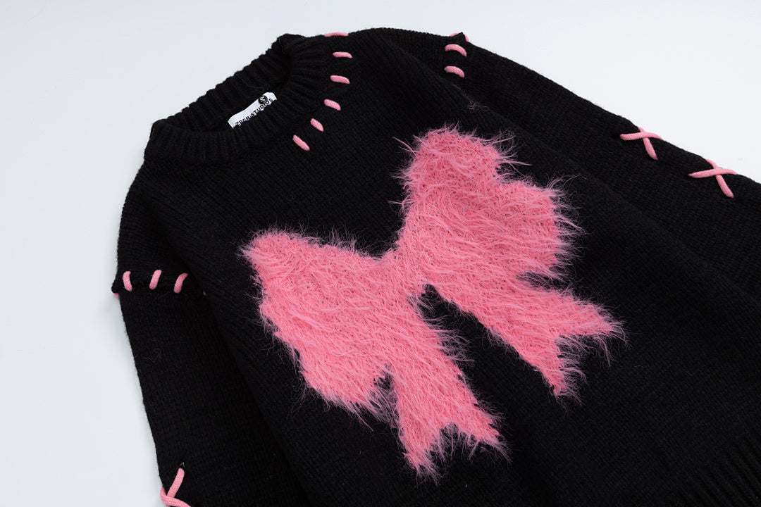 Fuzzy Bow Stitch‑Up Lace‑Up Crewneck Sweater