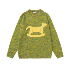 Speckled Knit Sweater With Crochet Rocking Horse Patch